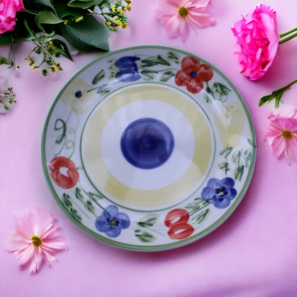 Gibson Designs Bountiful Dessert Pie Plate Yellow Band Blue Circle Floral